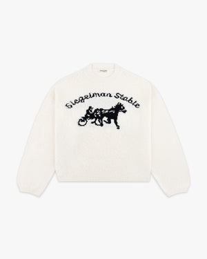 Front view of a white tricot knit sweater with black Siegelman Stable script and horse and sulky logo