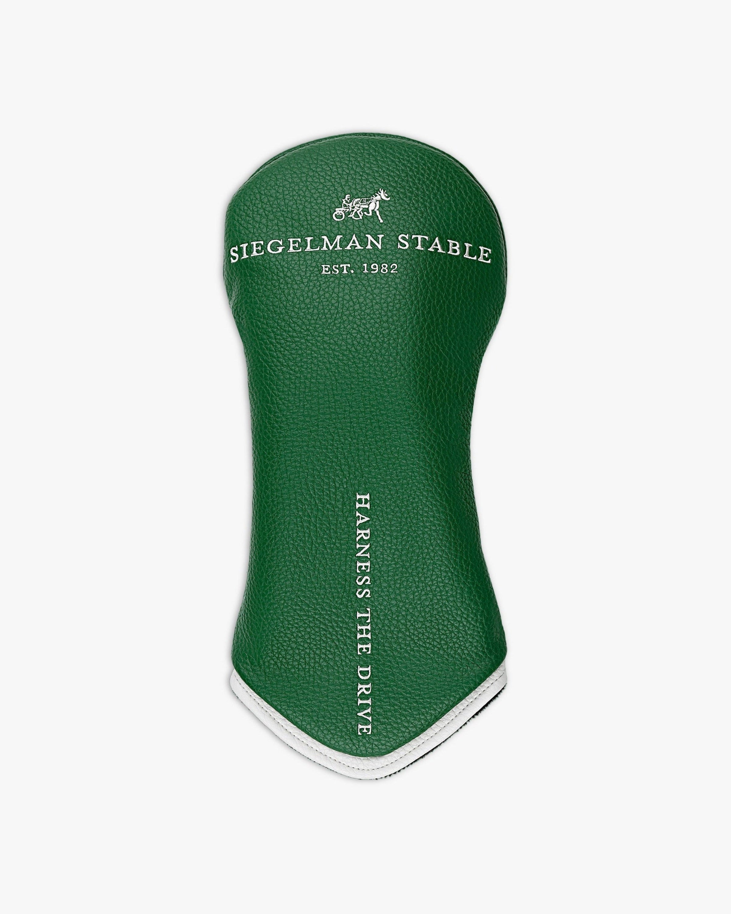 Green leather golf head cover with 'Siegelman Stable' branding on a white background