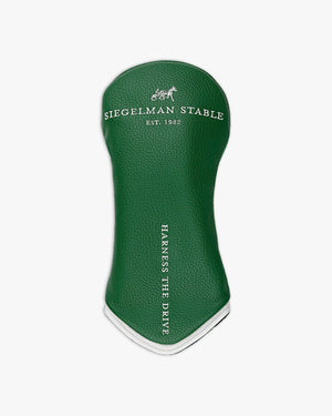 Green leather golf head cover with 'Siegelman Stable' branding on a white background