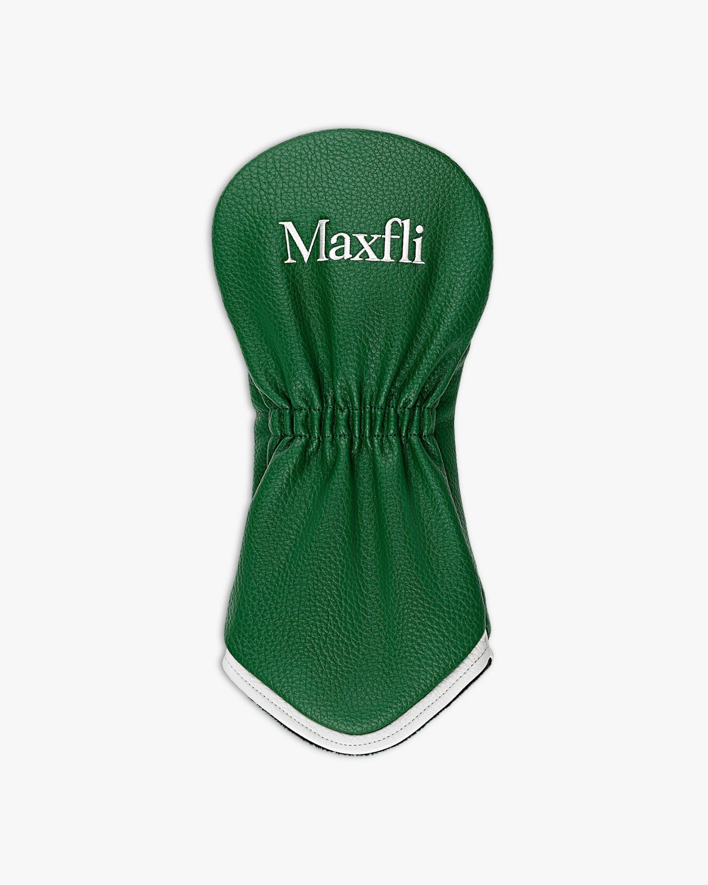 Green golf club head cover with 'Maxfli' branding on a white background
