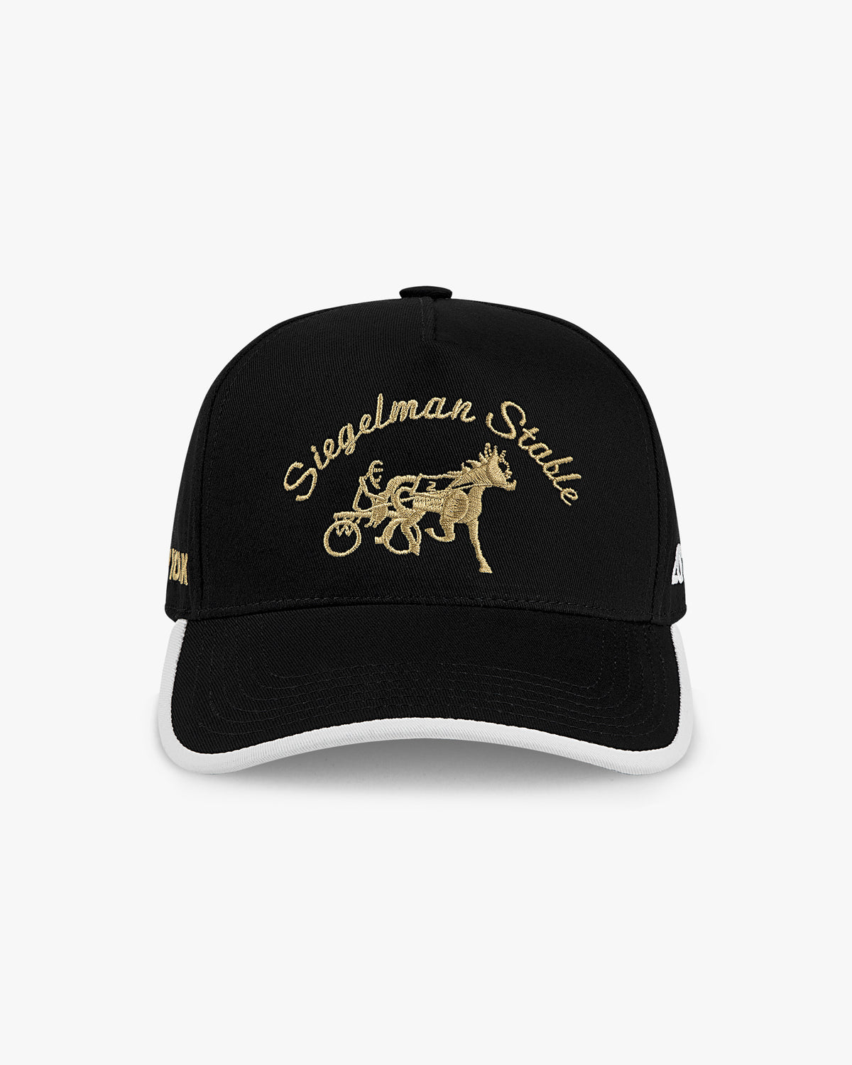 Front view of the 2026 New York Champions 5-panel hat, black crown with white visor trim and gold script and horse logo