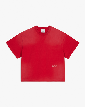 Front view of the Don Julio x Siegelman Stable faded red boxy tee with small logos at the lower hem