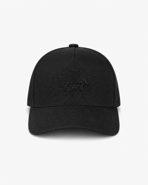 Front view of a black 5-panel pro cap with tonal black Siegelman Stable script and horse and sulky embroidery