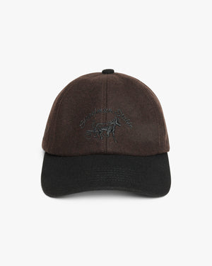 Three-quarter view of a brown wool dad hat with black visor and tonal Siegelman Stable script and horse embroidery