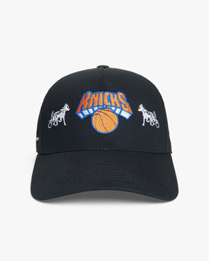Front view of the New York Knicks x Siegelman Stable black 5-panel hat, Knicks logo flanked by white horse and sulky