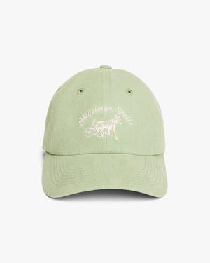 Front view of a sage green canvas dad hat with tonal light Siegelman Stable script and horse and sulky embroidery