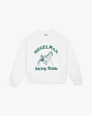 Front view of a white crewneck with green Siegelman Racing Stable horse and sulky graphic