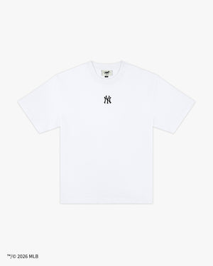Front view of the New York Yankees x Siegelman Stable white classic tee with small navy NY logo on the chest