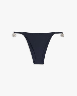 Front view of a black string bikini bottom with silver horse pendants at the hips
