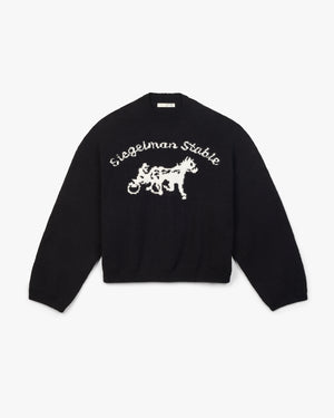 Front view of a coal black tricot knit sweater with white Siegelman Stable script and horse and sulky logo