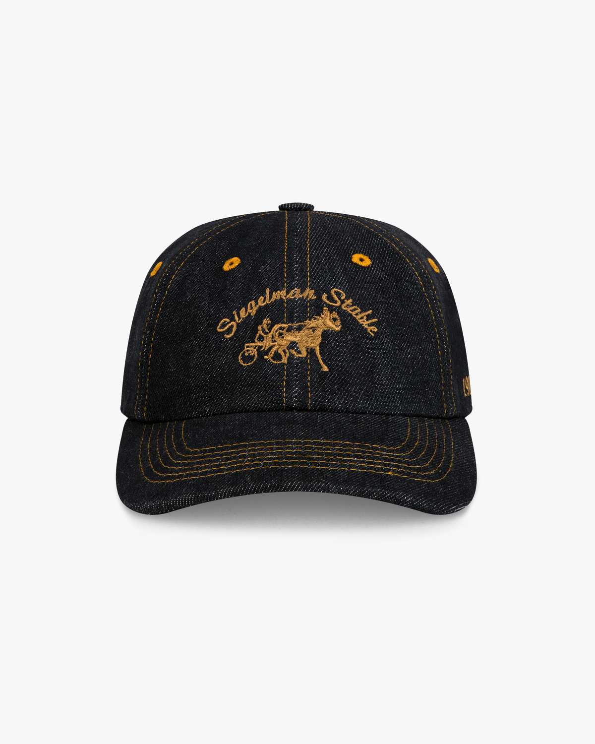 Front view of a black denim dad hat with gold contrast stitching and gold Siegelman Stable script and horse and sulky