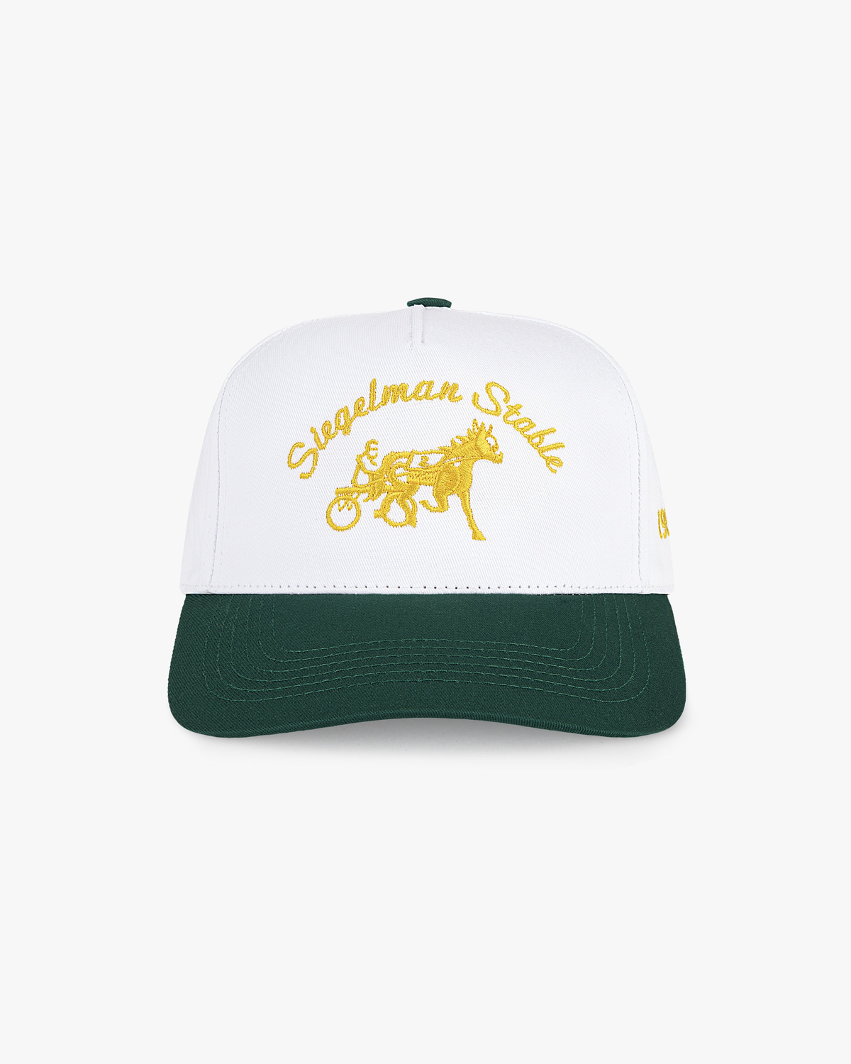 Front view of a white and dark green 5-panel cap with gold Siegelman Stable script and horse and sulky embroidery