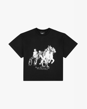 Front view of a black boxy tee with a large white sketch of a harness racing driver and horses and script text