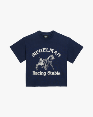 Navy blue t-shirt with white Siegelman Stable graphic and text on a white background