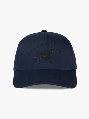 Front view of a navy 5-panel cap with tonal black Siegelman Stable script and horse and sulky embroidery