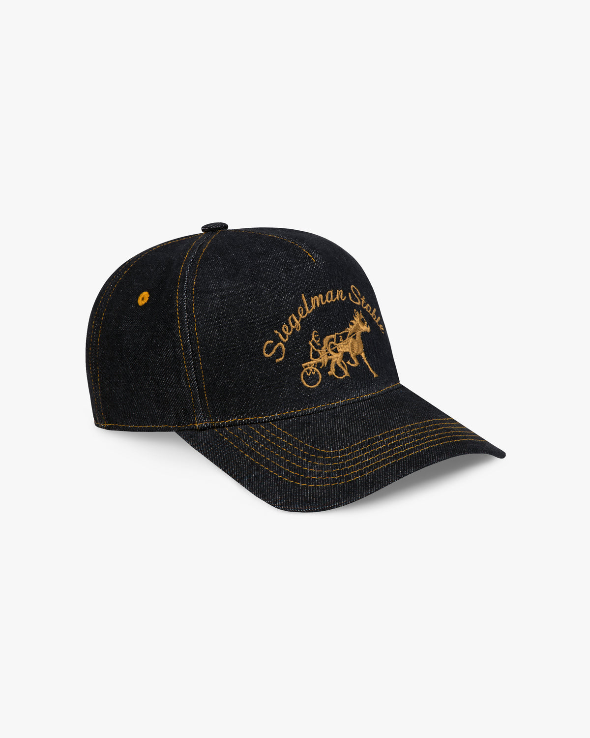 Three-quarter view of the black denim 5-panel hat with gold contrast stitching and gold horse and sulky logo