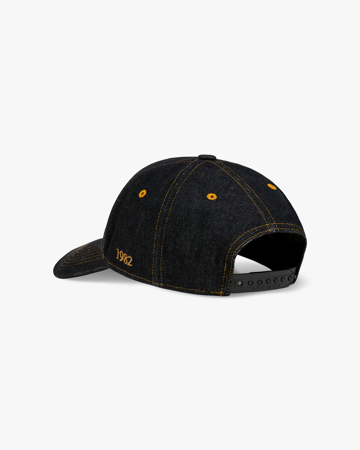 Back view of the black contrast denim hat with gold 1982 embroidery and adjustable strap