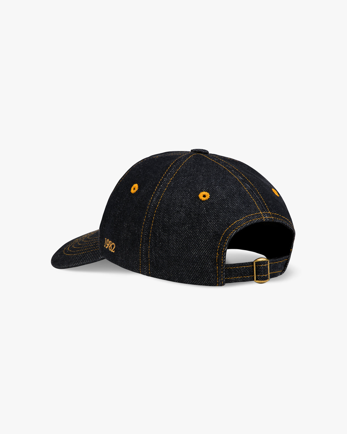Back view of the black contrast denim dad hat with gold 1982 embroidery and adjustable strap