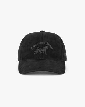 Front view of a black suede dad hat with tonal gray Siegelman Stable script and horse and sulky embroidery