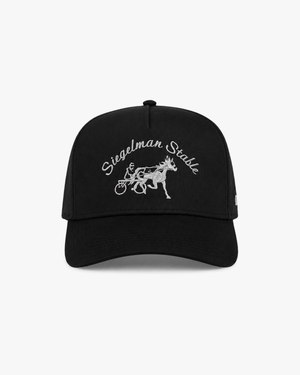 Front view of a black 5-panel cap with gray Siegelman Stable script and horse and sulky embroidery