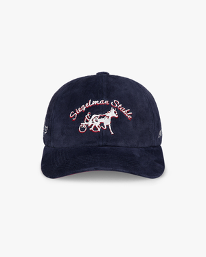 Front view of the Indy 500 x Siegelman Stable navy suede dad hat with white and red script and horse logo