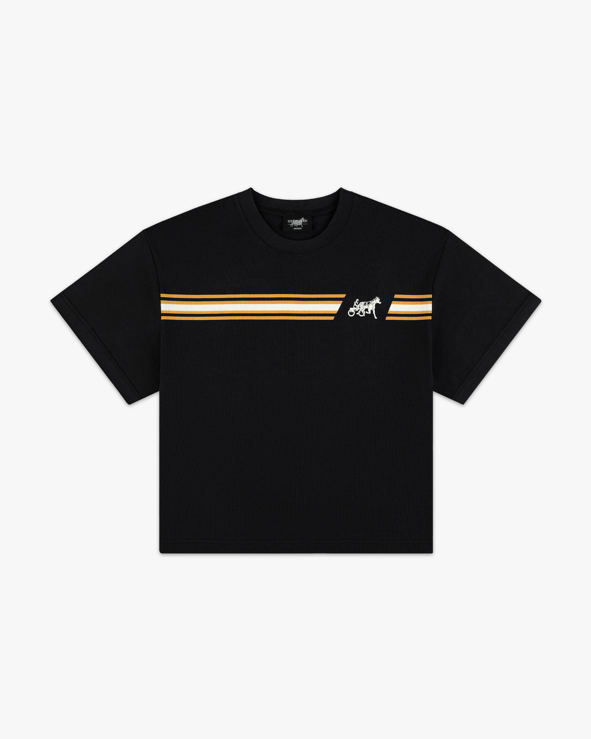 Front view of a black cropped tee with orange and cream racing stripes and white horse and sulky chest graphic