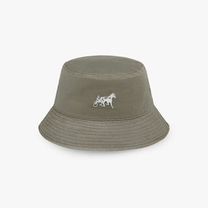 Front view of a taupe bucket hat with silver metal horse and sulky logo hardware