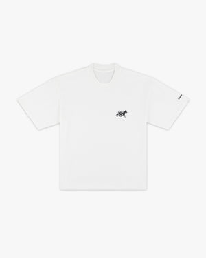 Front view of a white classic tee with small black horse and sulky embroidery on the chest