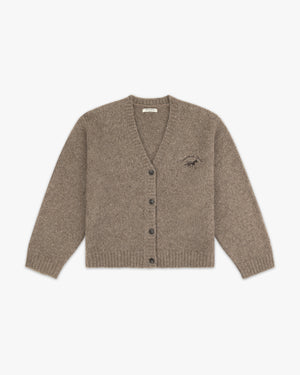 Front view of a heather brown Indus alpaca blend V-neck knit cardigan with small horse embroidery on the chest