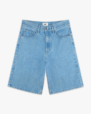 Front view of light wash denim coaches shorts with a wide leg and five-pocket styling