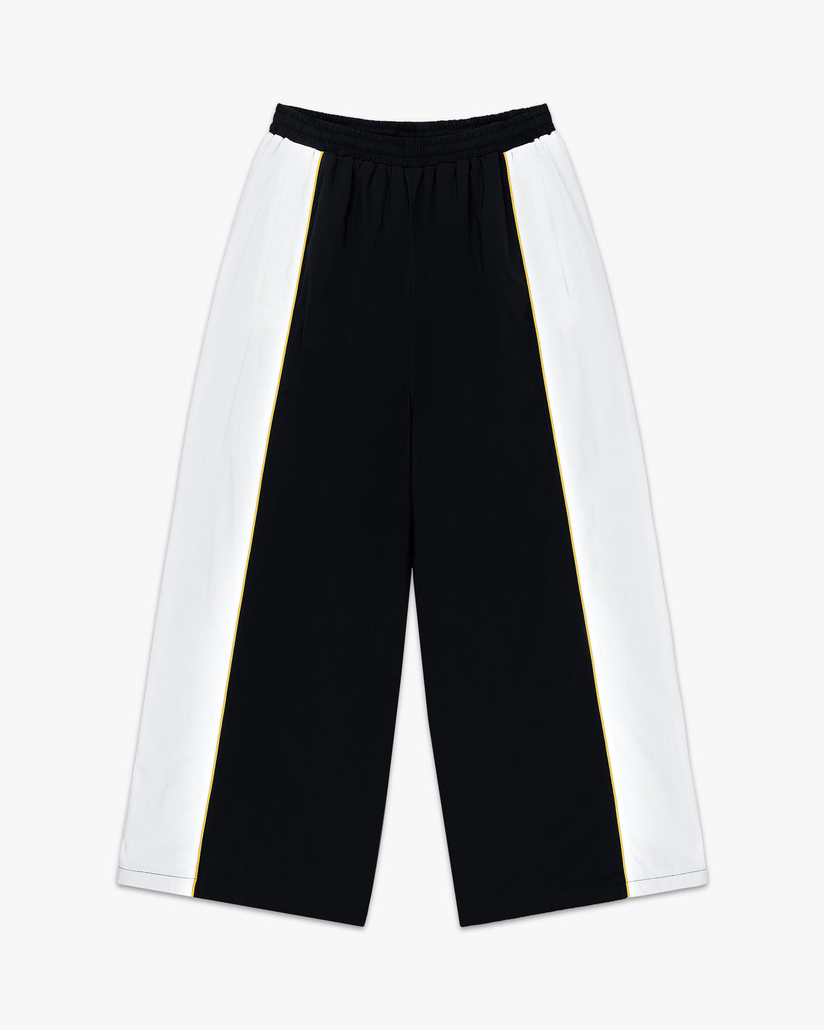Back view of the black wide leg track pants with white side panels