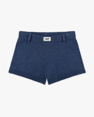 Front view of blue tricot knit shorts with ribbed hems and a small Siegelman Stable label at the waist