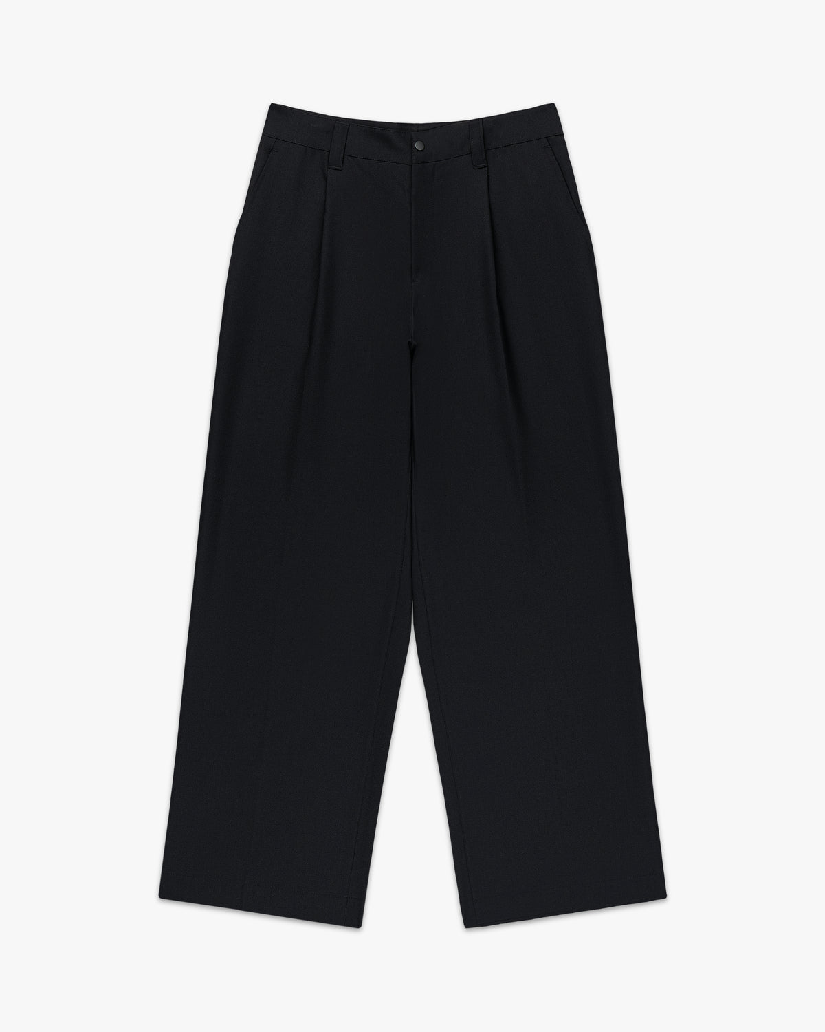 Front view of black pleated wide leg trousers with front pleats