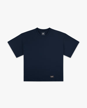 Front view of a navy blazer boxy tee with a small Siegelman Stable woven label at the lower hem