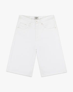 Front view of white denim coaches shorts with a wide leg and five-pocket styling