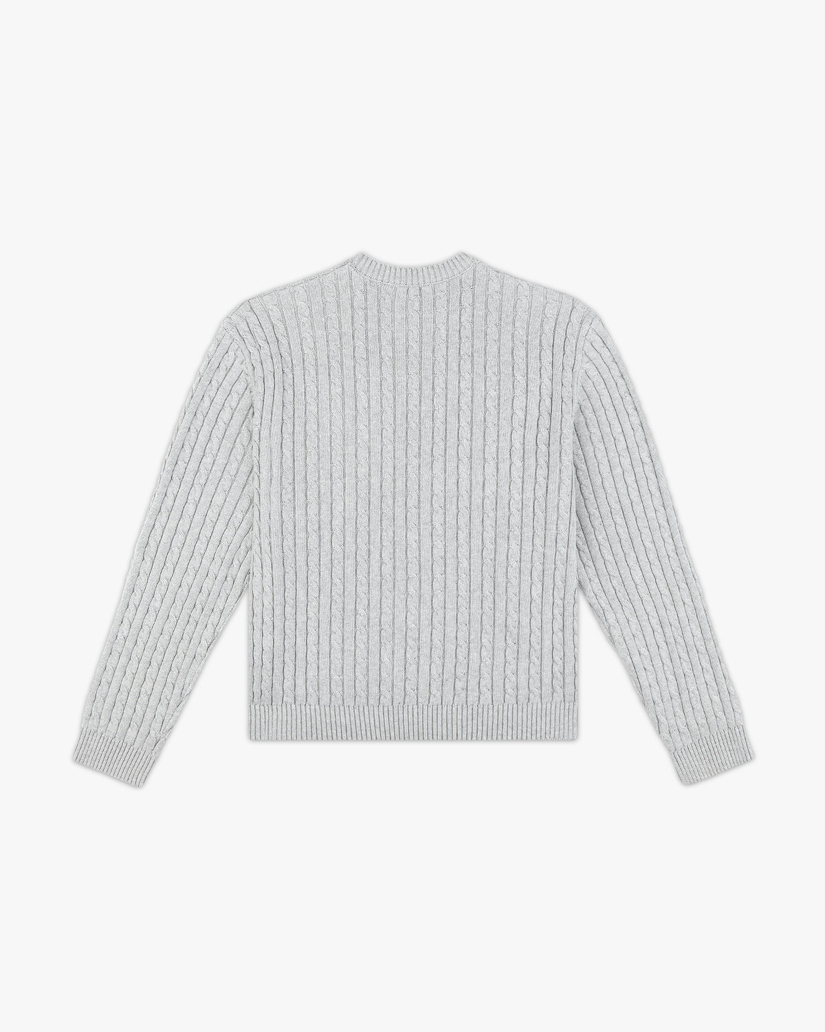 Back view of the grey cable knit sweater with a plain ribbed back