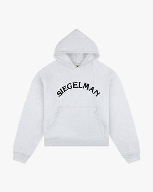 Front view of a heather grey Racing Stable hoodie with arched black Siegelman lettering and kangaroo pocket