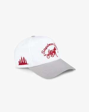 Side view of the Siegelman Stable Chicago 5-panel hat, white crown with red Chicago skyline graphic and gray visor