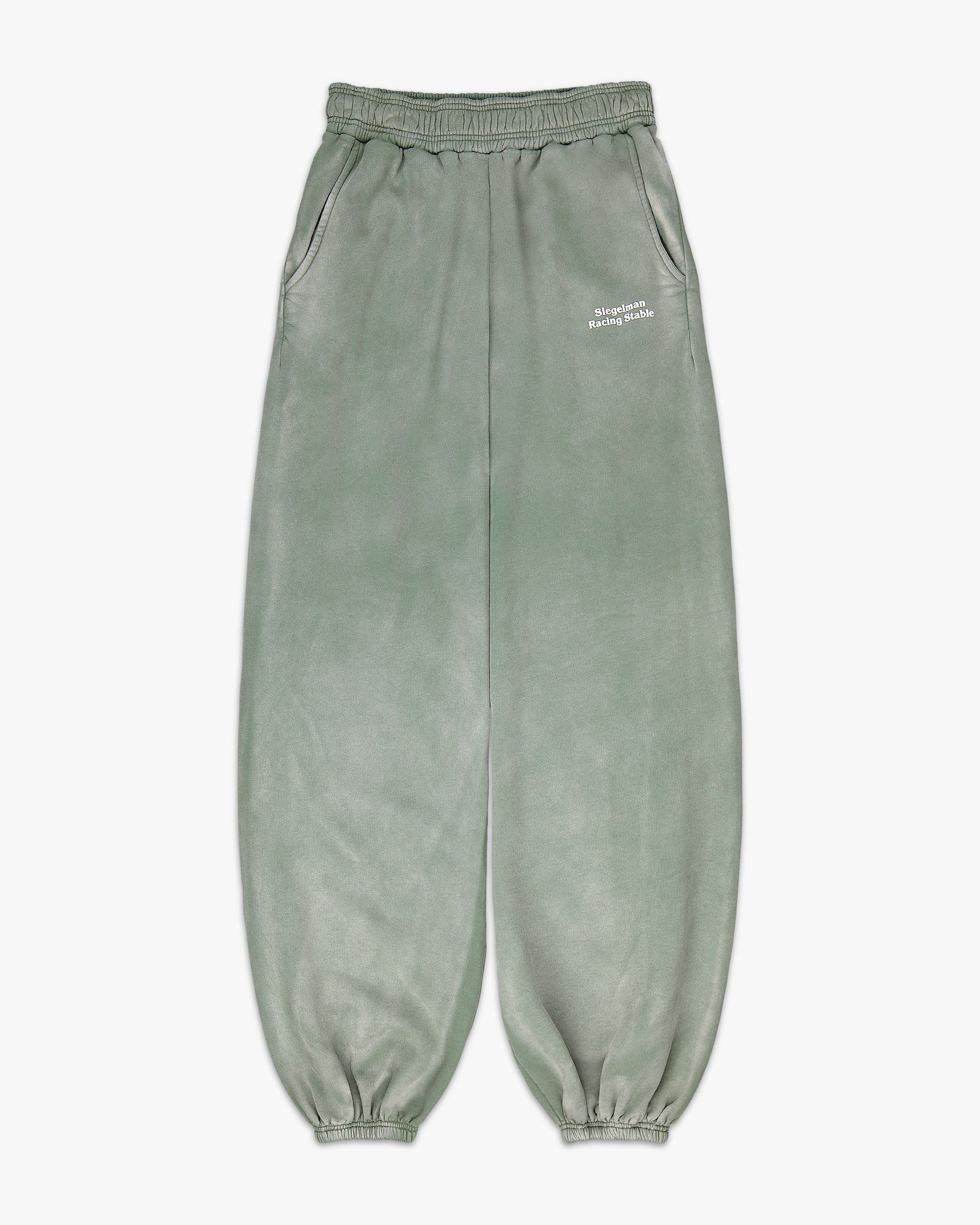 Green sweatpants with a logo on a white background