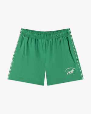 Front view of green track shorts with white side piping and white Siegelman Stable horse and sulky logo