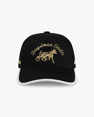 Front view of the 2026 New York Champions 5-panel hat, black crown with white visor trim and gold script and horse logo