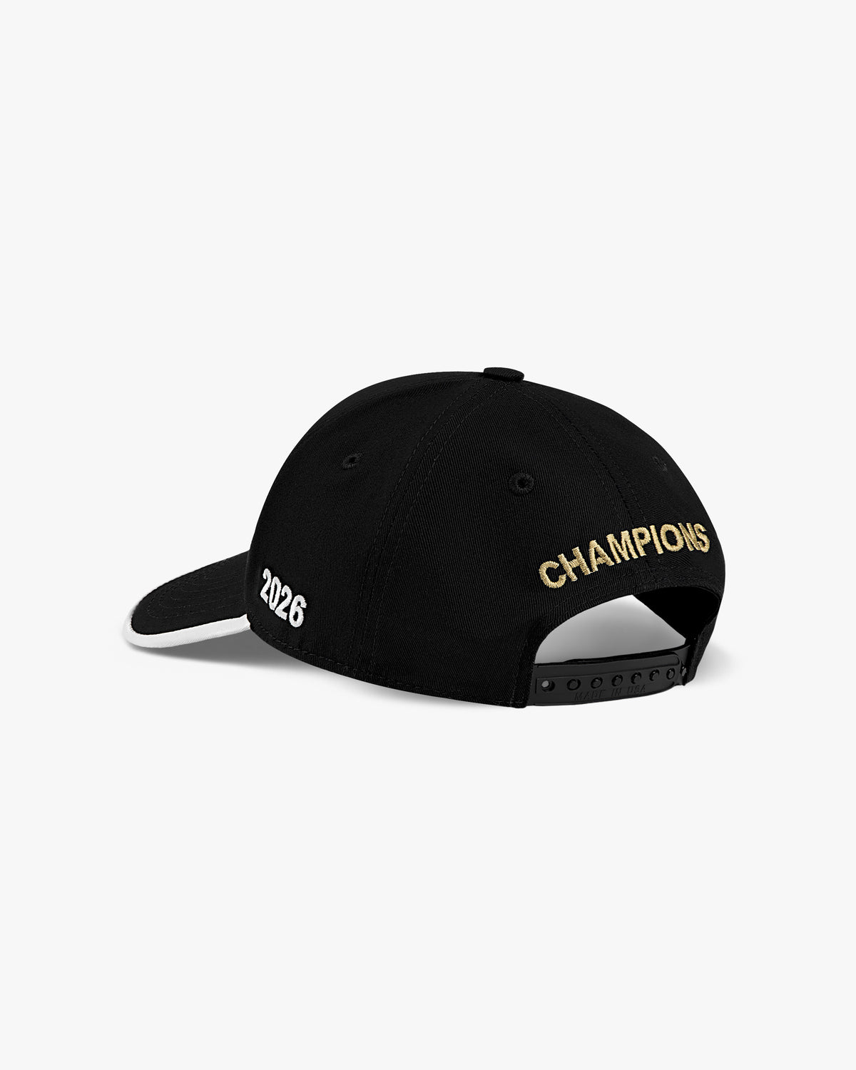 Back three-quarter view of the black Champions hat with white 2026 and gold CHAMPIONS embroidery