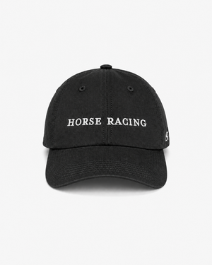 Front view of a black dad hat with white Horse Racing serif lettering embroidery