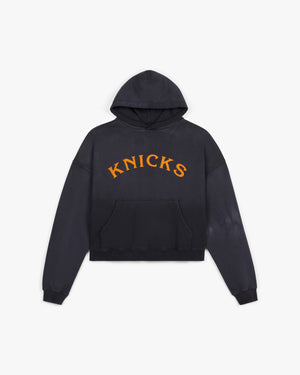 Front view of the New York Knicks x Siegelman Stable washed black hoodie with orange arched Knicks lettering