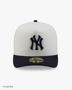 Front of the Yankees x Siegelman Stable 59FIFTY A-Frame fitted cap, light gray crown with navy NY logo and navy visor