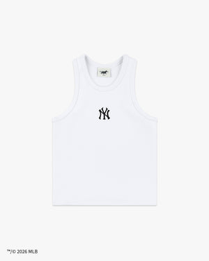 Front view of the New York Yankees x Siegelman Stable white ribbed women's tank with black NY logo