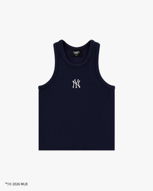 Front view of the New York Yankees x Siegelman Stable navy ribbed women's tank with white NY logo
