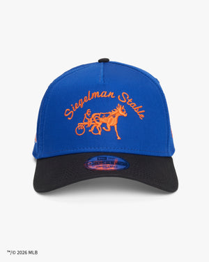 Front of the Mets x Siegelman Stable 9FORTY A-Frame snapback, royal blue with orange horse and sulky logo and black visor