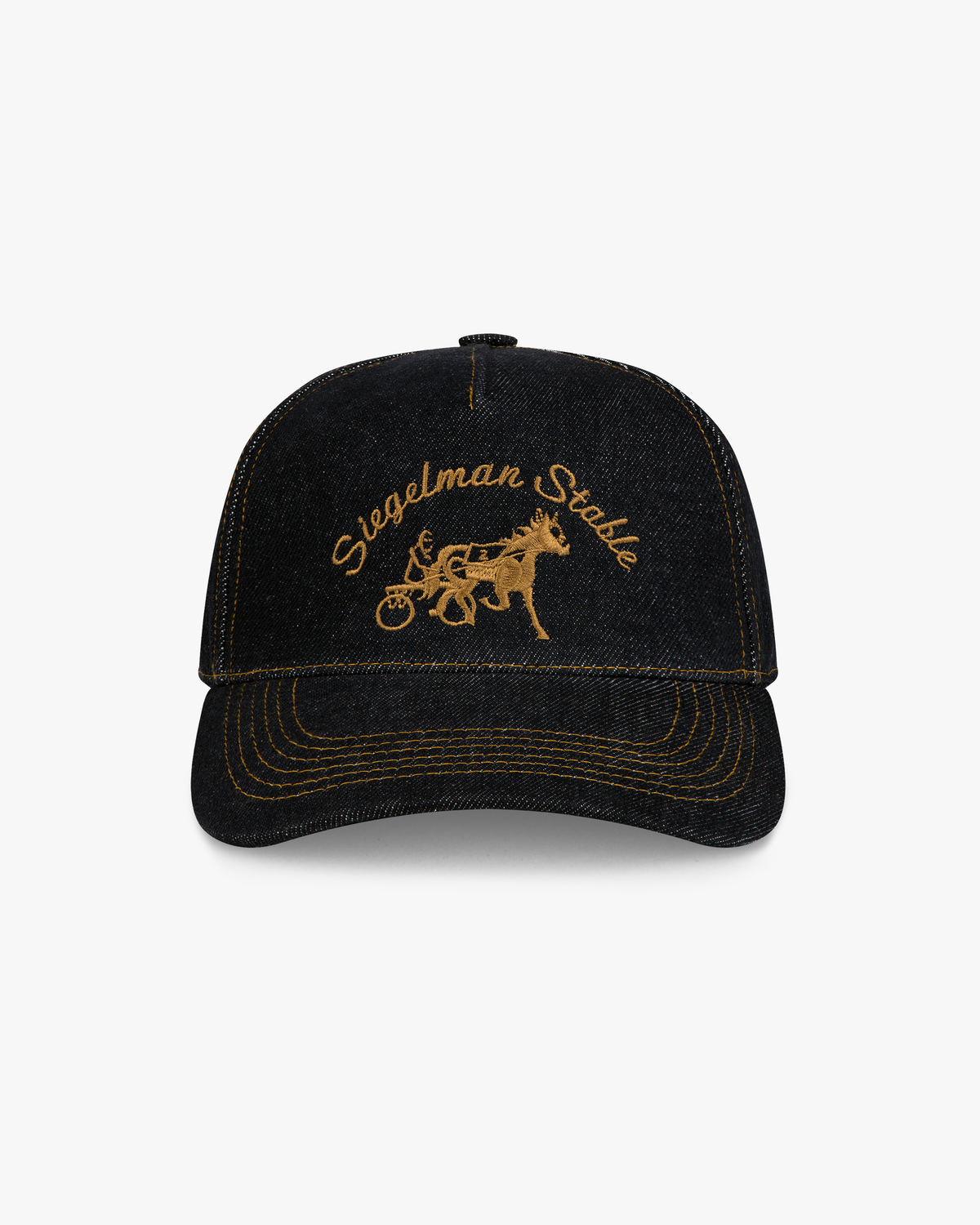 Front view of a black denim 5-panel hat with gold contrast stitching and gold Siegelman Stable script and horse logo