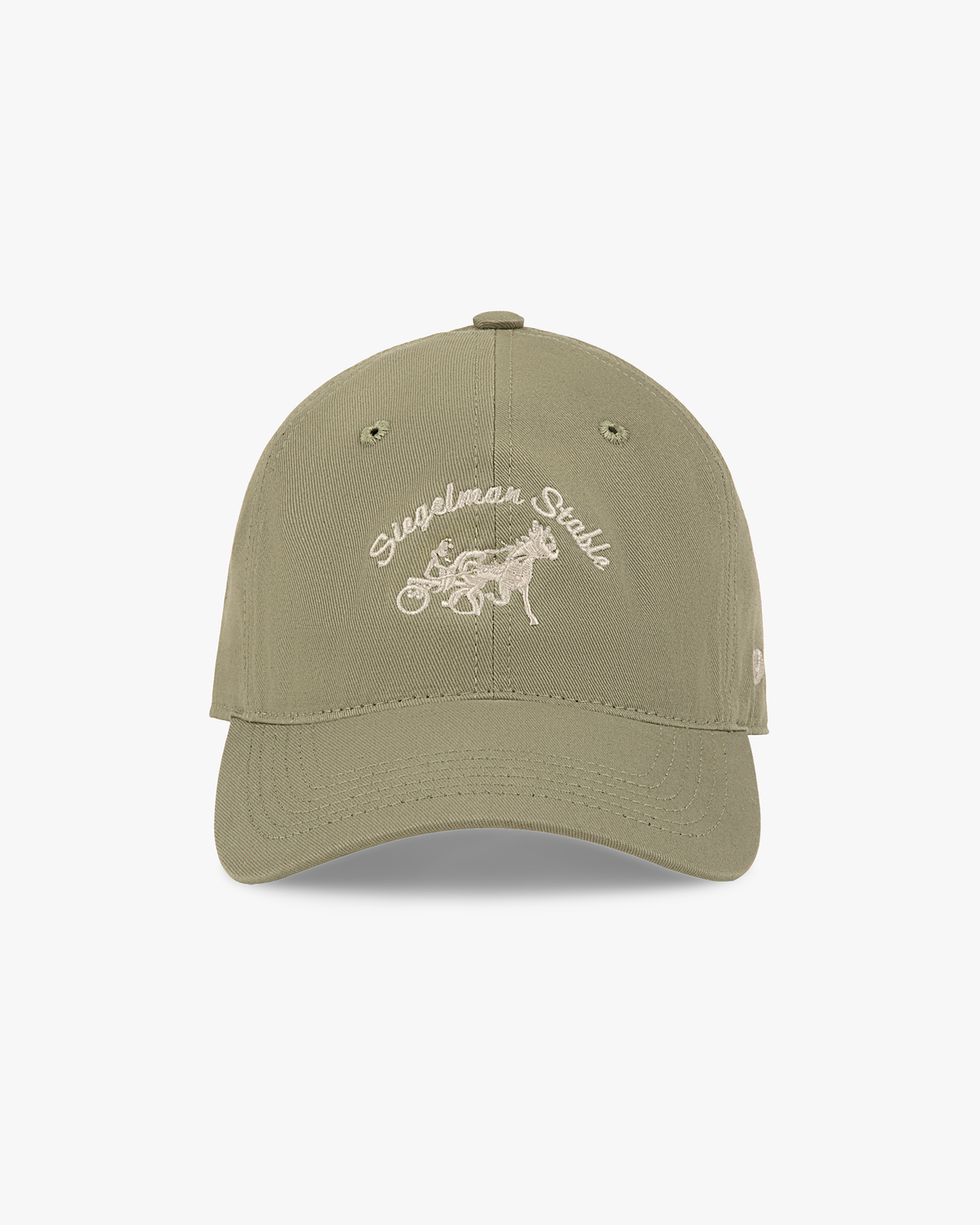 Front view of a taupe dad hat with ivory Siegelman Stable script and horse and sulky embroidery